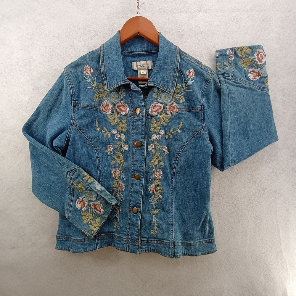 Susan Bristol Denim Jacket Women Petite L Floral Embroidered Beaded